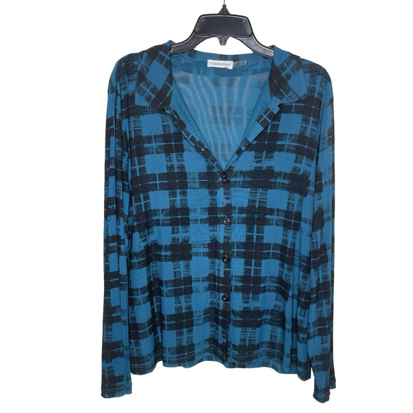 Calvin Klein Womens Button Down Blouse XL Sheer Mesh Rave Cyber Slinky Grunge - Picture 1 of 10